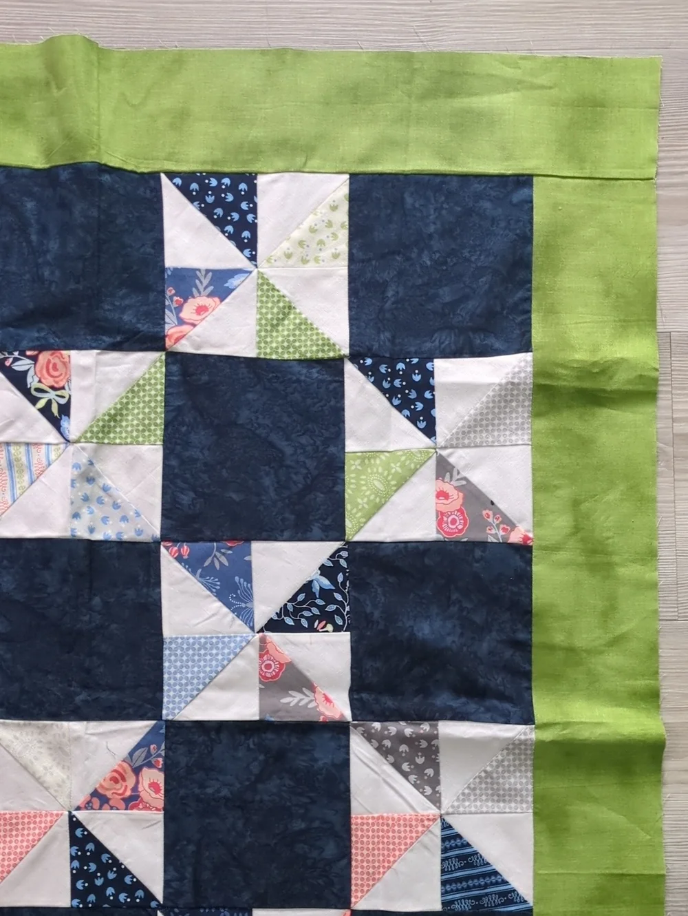 Handmade Unfinished Quilt Top UFO Blue Green Pinwheel Patchwork 41 x 35.5